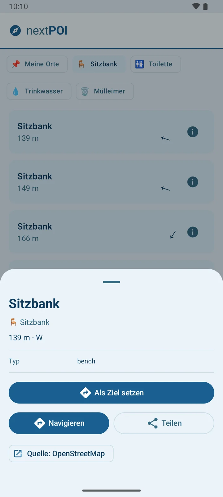 Detailansicht eines POI mit Buttons für Navigation und Teilen