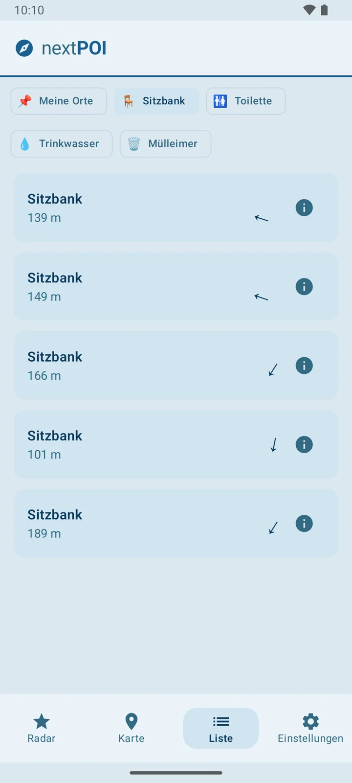 Listenansicht mit nach Entfernung sortierten Sitzbänken