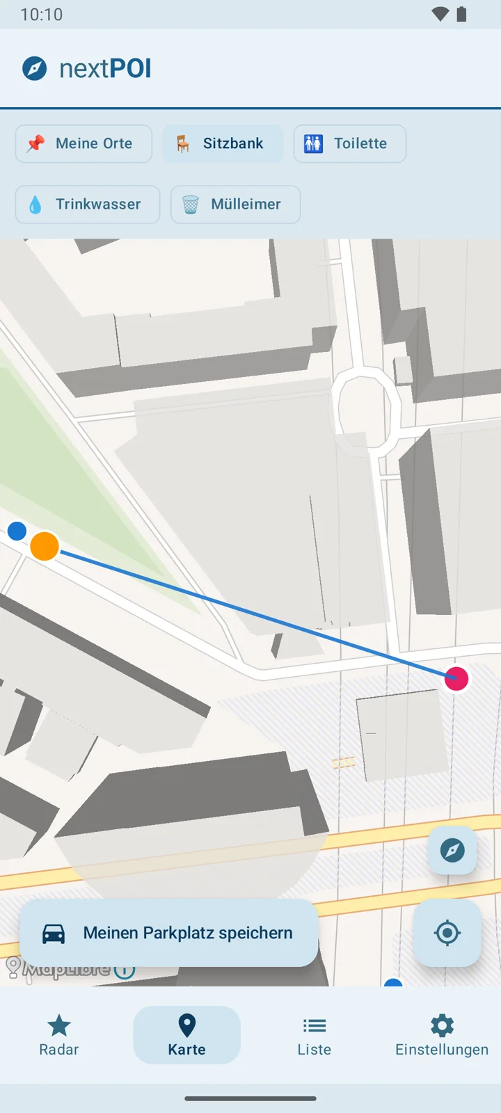 Kartenansicht mit Route zur nächsten Sitzbank